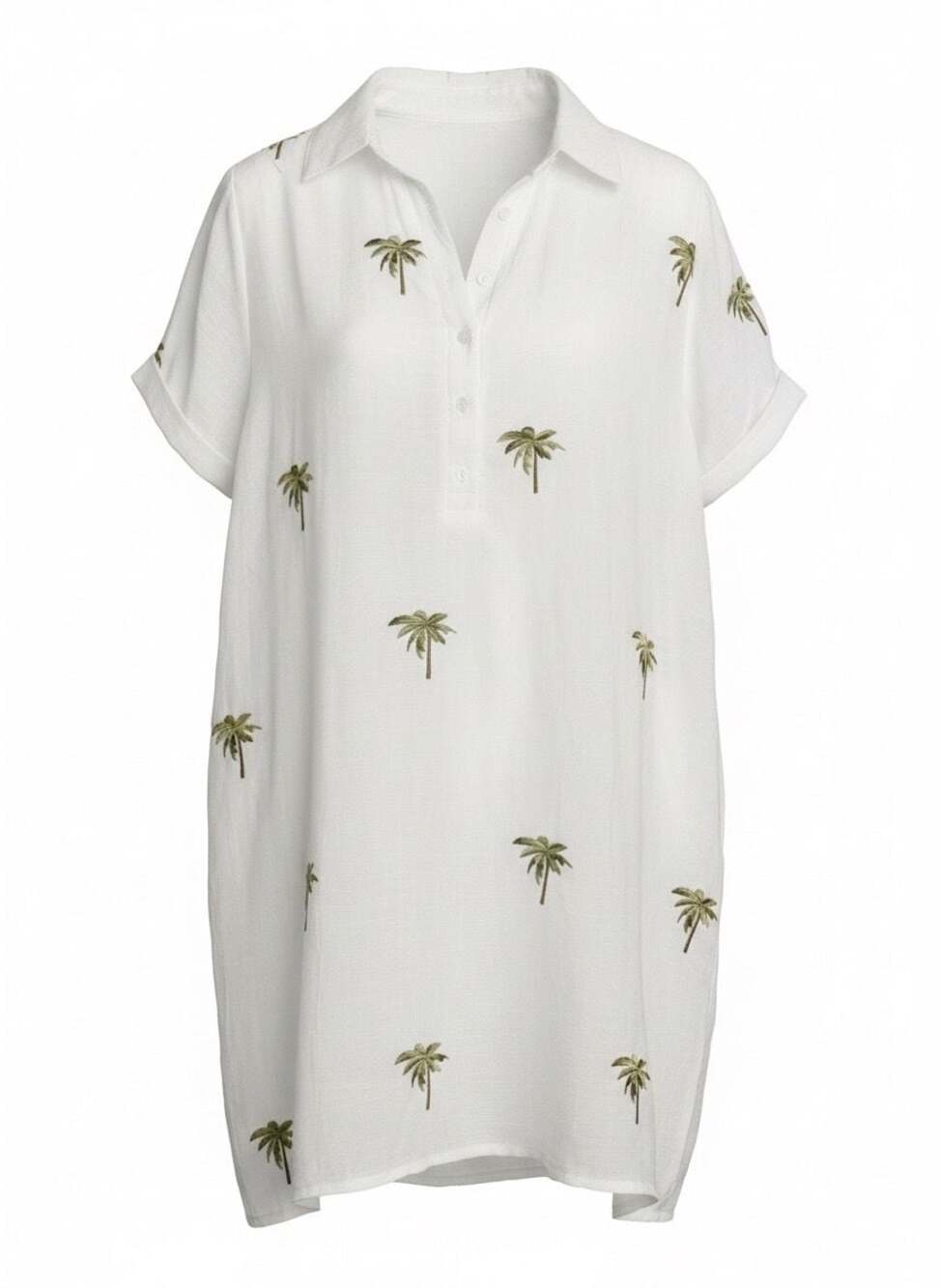Kindred Palm Tree Embroidered Linen Shirt Dress